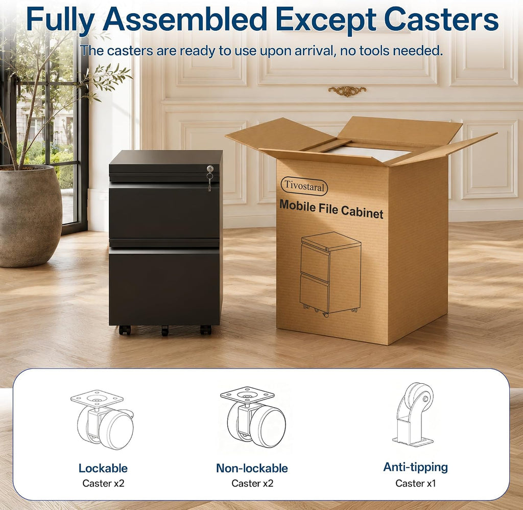 Fully Assembled 2 Drawer Mobile File Cabinet with Lock | Under Desk Metal Filing Cabinet , Rolling Storage for