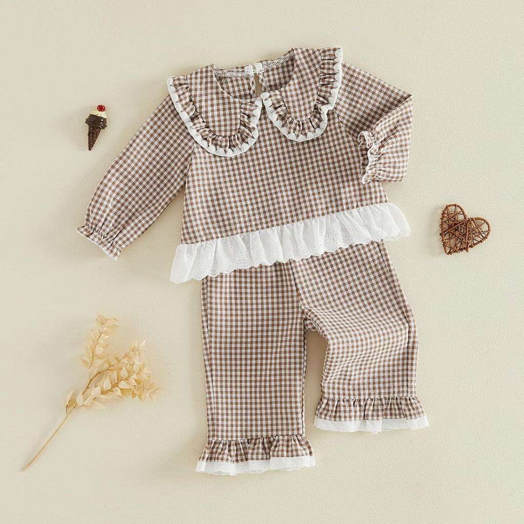 Toddler Baby Girl Fall Winter Outfits Plaid Collared Ruffle Shirt Pants Set