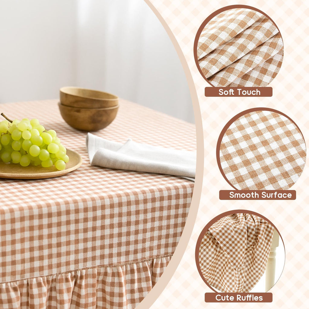 Brown Ruffled Gingham Tablecloth, 52 x 70 Inches, Rectangle