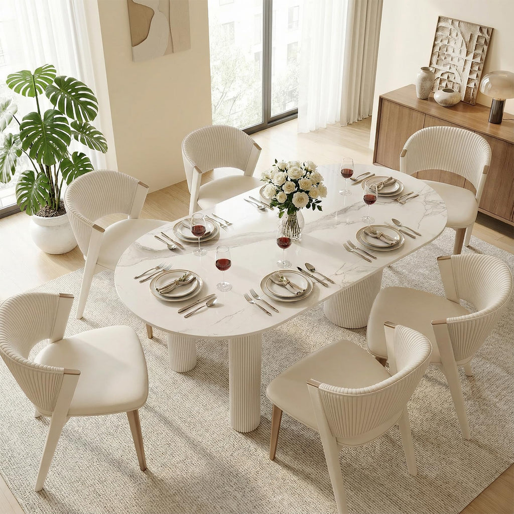 71'' Oval Dining Table for 6-8 People, Scandinavian Wood Dinner Kitchen Table with Sintered Stone Tabletop and Round