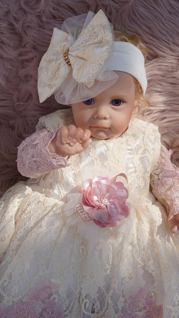 Newborn Baby Girl Lace Dress Set, 4 Pieces Outfit for Special Occasions (US, Age, 0 Months, Pink, Ivory, Pearl.)