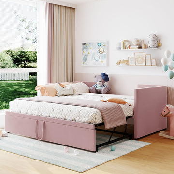 Twin Size Daybed, Upholstered Twin Daybed with Extendable Trundle, Twin Size Daybed Frame, Pink