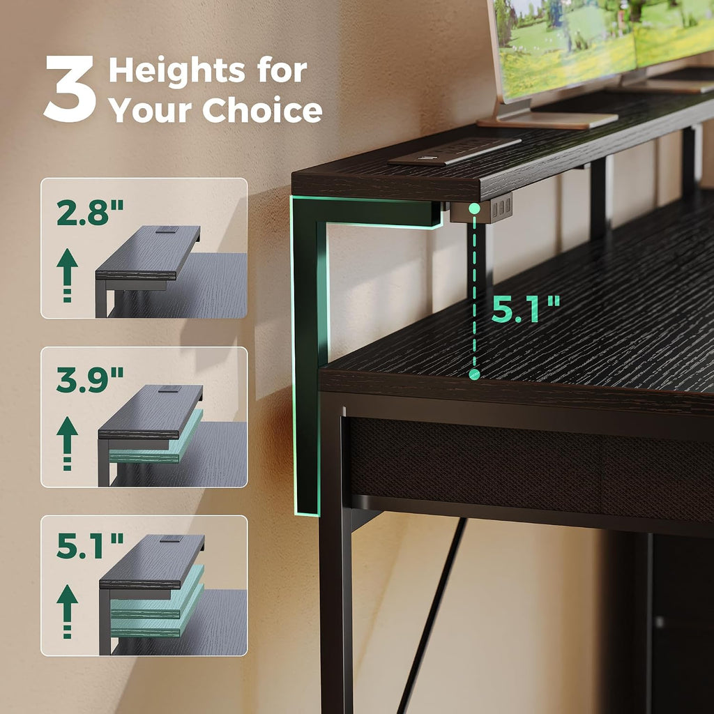 Gaming Desk with 6 Drawers, Computer Desk with LED Lights Power Outlets and Type-C, 55 Inch Office Desk with Storage