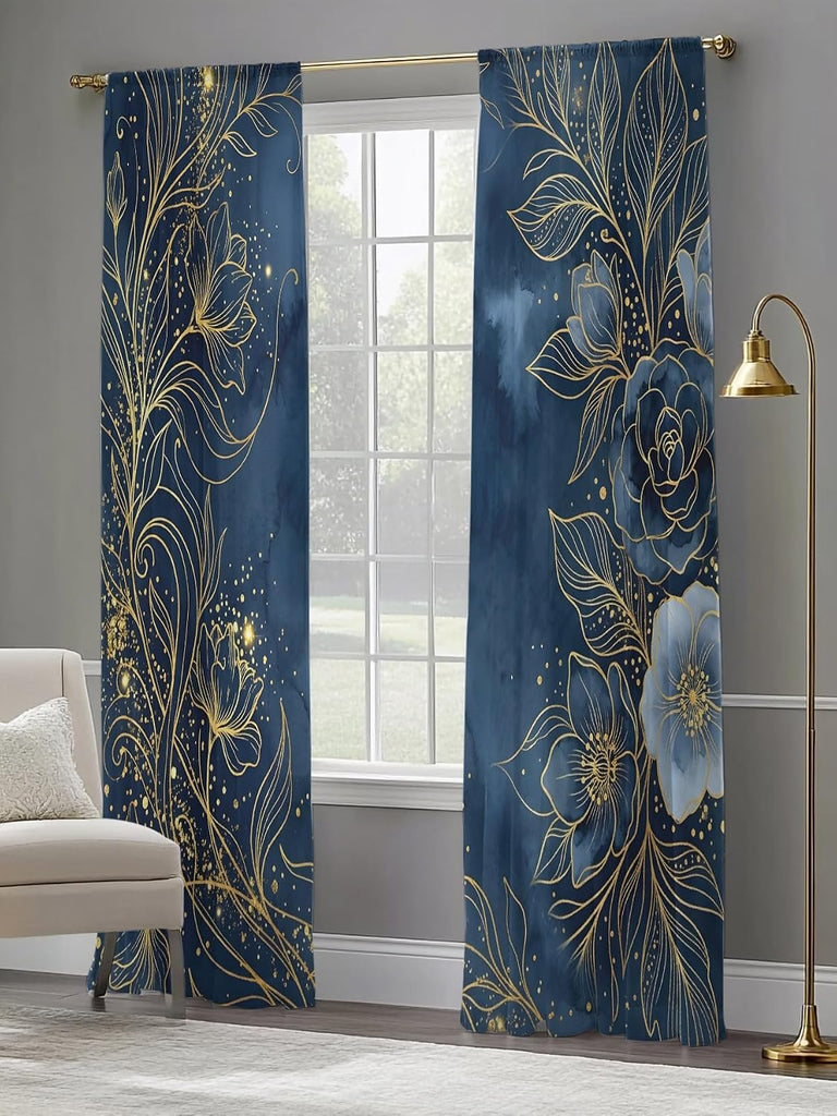 Luxury Floral Sheer Curtains for Living Room Bedroom Blue Golden Lace Vintage Sheer Curtains 96 Inch Long 2 Panels
