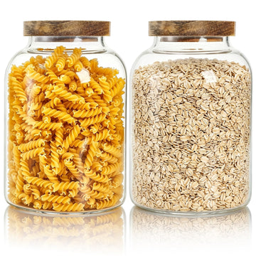 2 Pack Large Glass Food Storage Jar with Airtight Wooden Lid, 66 FL OZ(1950ml) Glass Food Canister and Pantry