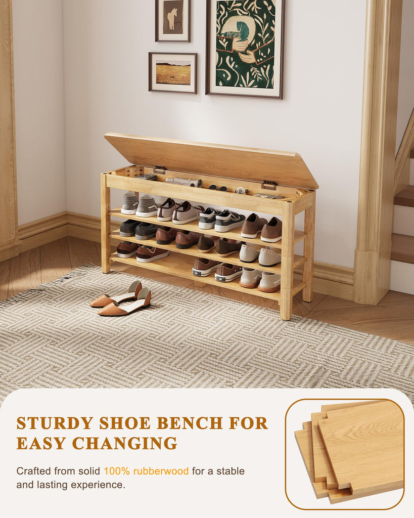 Shoe Rack Bench Seat Rubberwood 3-Tier Wooden Storage Bench 550lbs Compact Mid-Century Modern Design, Closet, Front