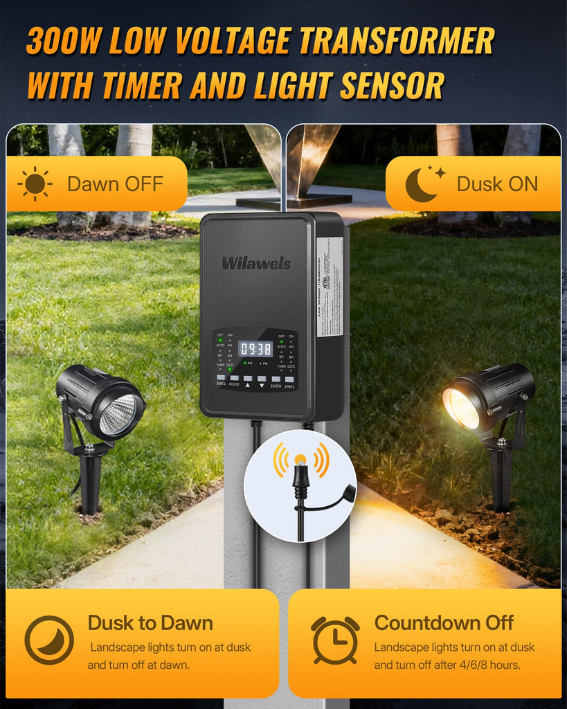 12 Pack Landscape Lights with 2 Zone 300W Low Voltage Transformer, 3000K 12V LED Landscape Lighting Kit, Waterproof