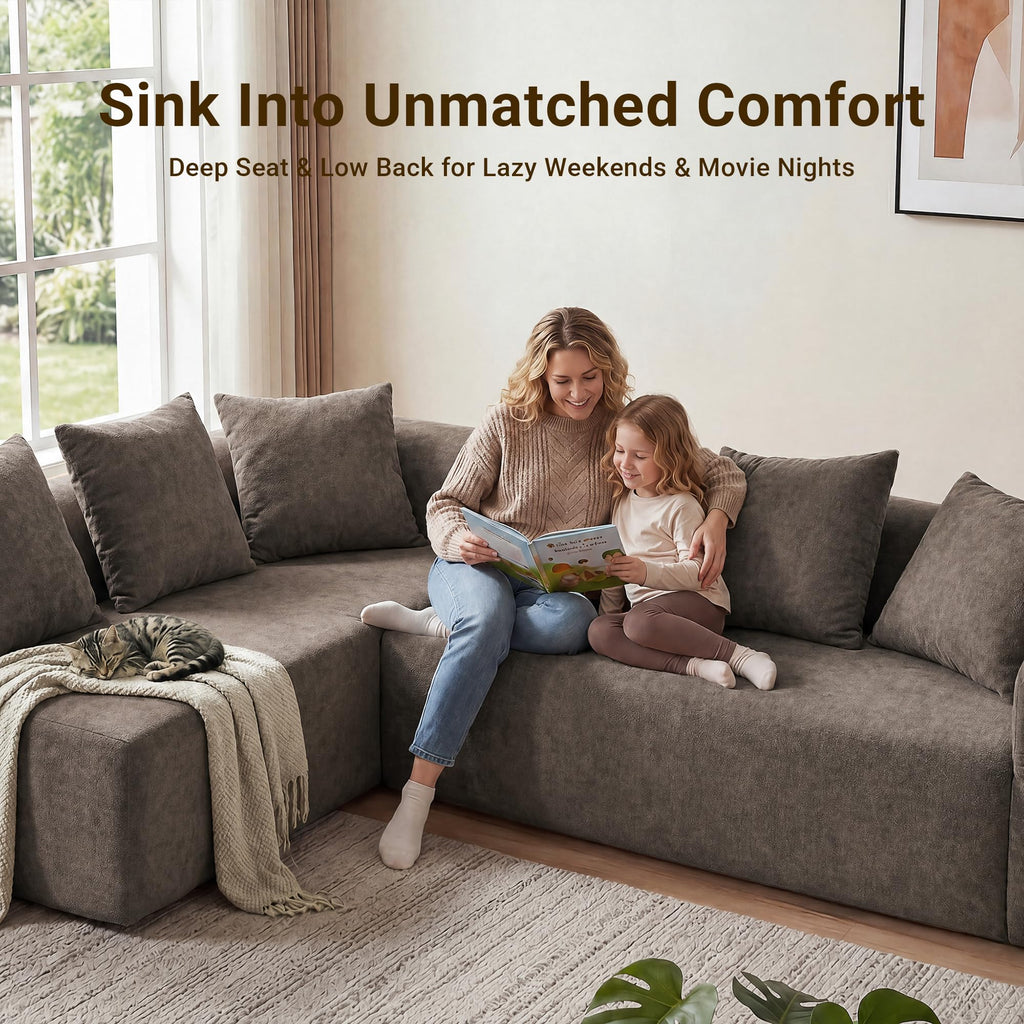 106" Cloud Boneless Couch, Right Chaise Sofa, Light Grey