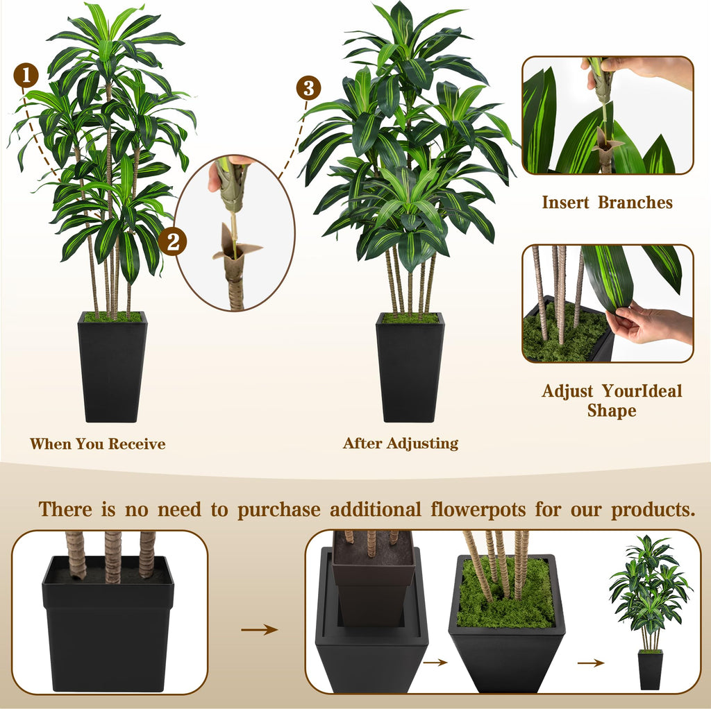 6FT Artificial Dracaena Tree with Tall Black Planter, Floor Plant
