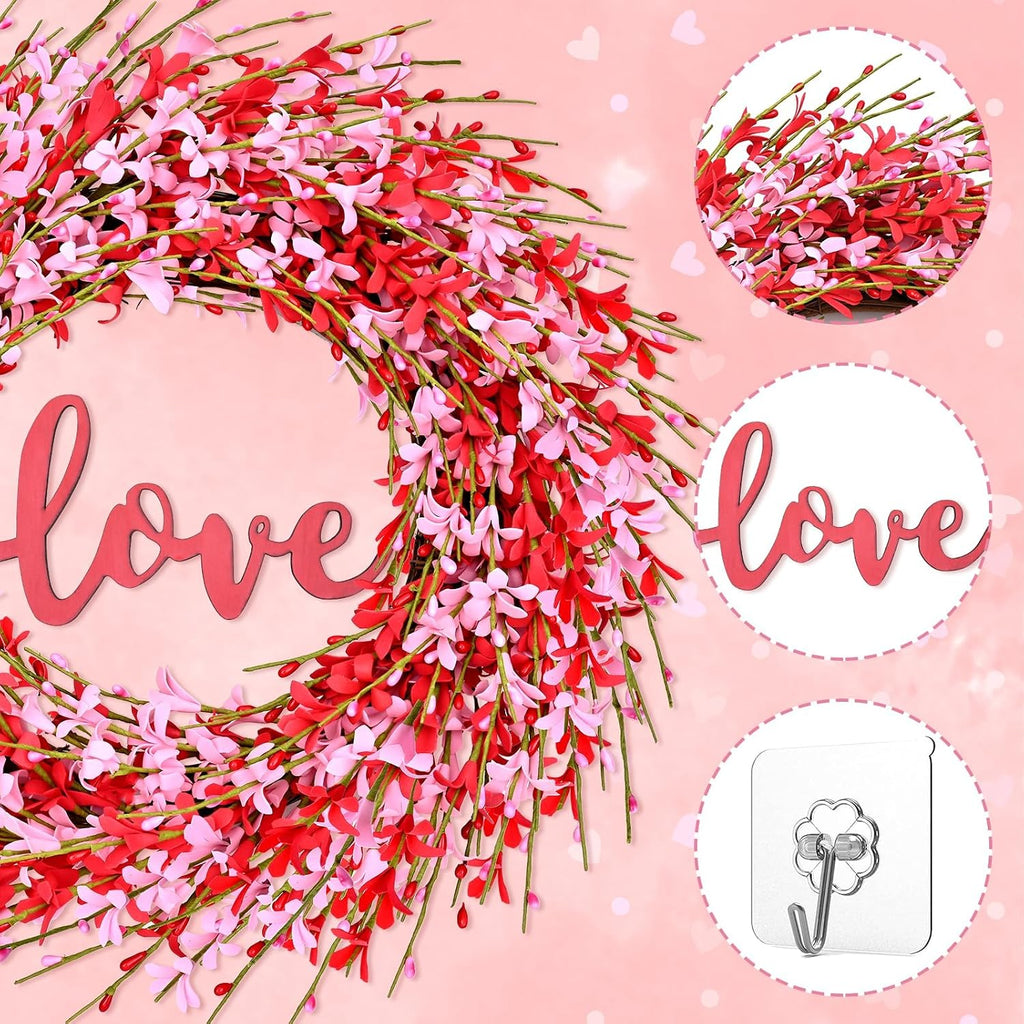 20IN Valentines Wreaths for Front Door Decorations, Pink Forsythia Valentine Wreath, Spring Summer Wreath