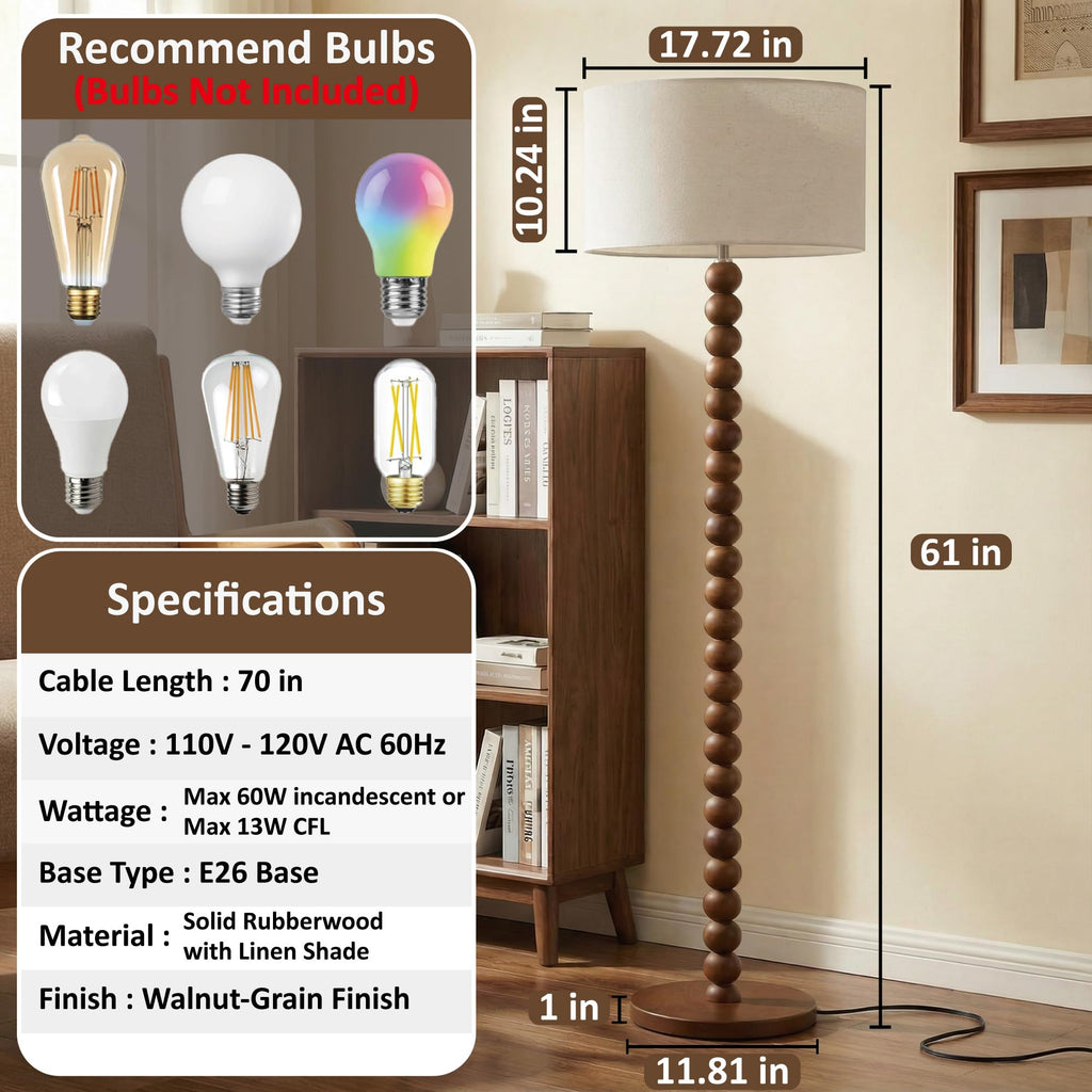 60.6 Inch Beaded Walnut Wood Floor Lamp with Linen Shade, Cream