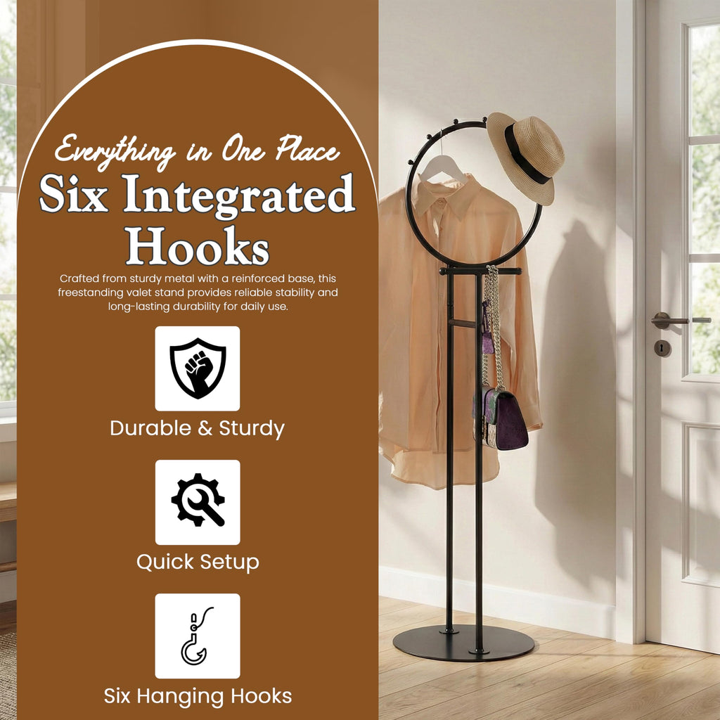 Cheska Suit Valet Stand with Circular Frame - Tie Jacket Clothes Hooks, Freestanding Clothing Organizer, Black