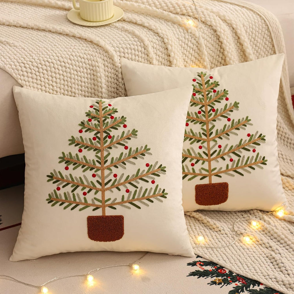 Christmas Pillow Covers 18x18 inch Green Xmas Tree - Set of 2