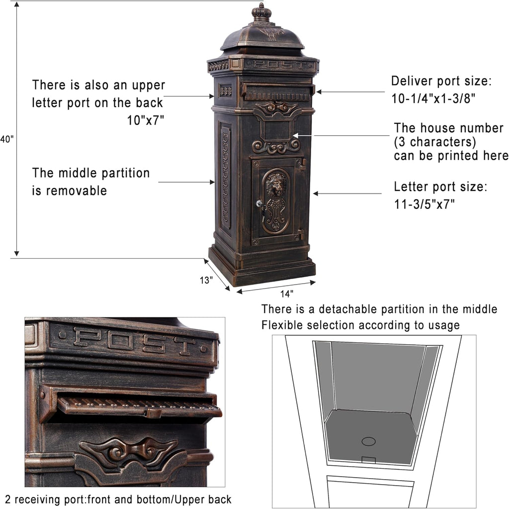 Copper Mailbox, Large Lockable Package Drop Box with Roman Statue, Rustproof Cast Aluminum Mail Boxes Mount Design