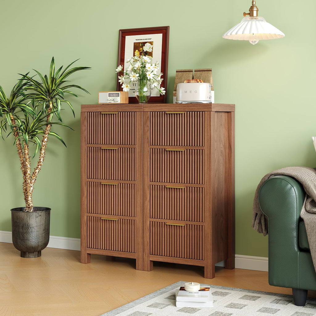 Mid-Century Fluted 8 Drawers, Modern Wooden Tall with Smooth Metal Handles, Storage Chest Clothes Organizer, Walnut