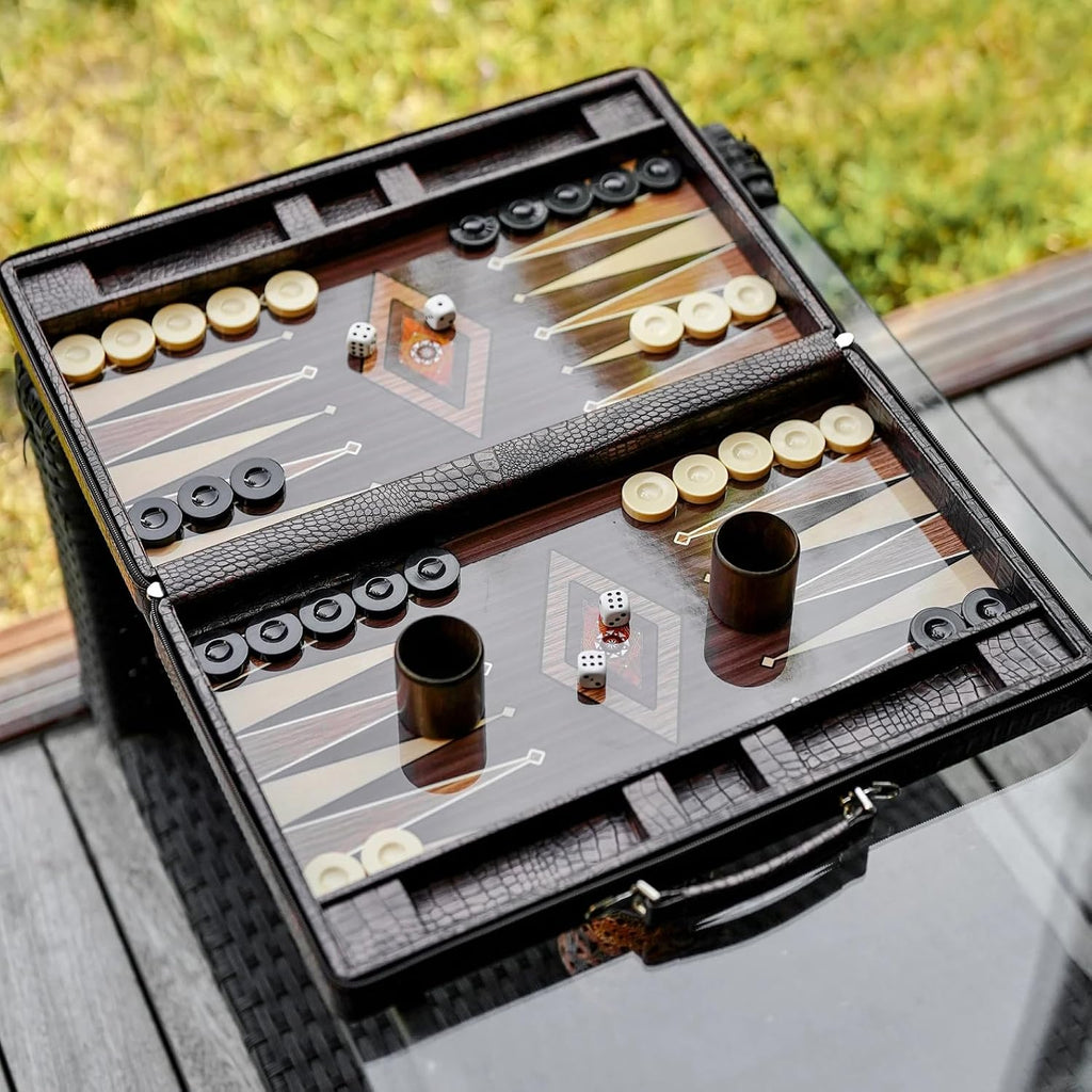 Personalized Leather Backgammon Set - Handmade Wooden Board Game with Carrying Case - Custom, Birthday Gift - Set of 37