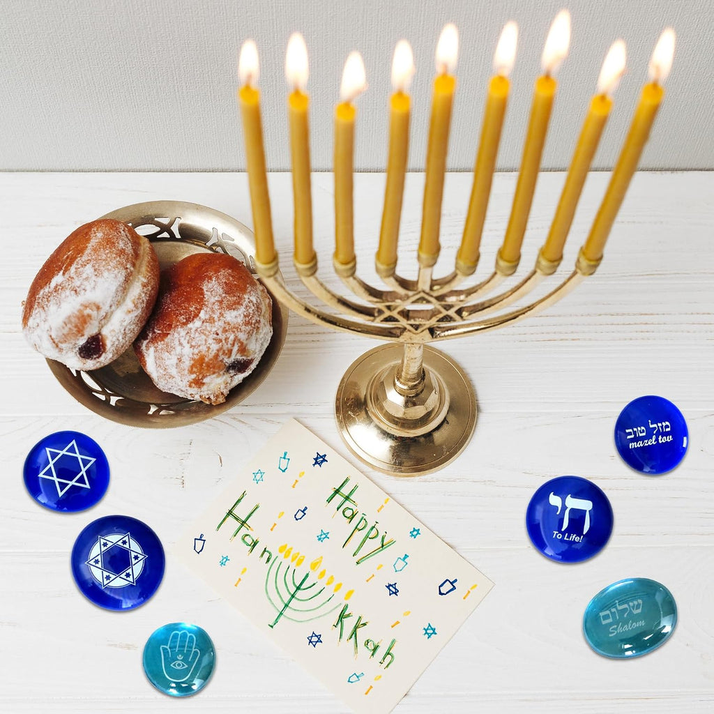 Judaica Glass Stones: Chai, Star of David, Hamsa, Mazel Tov and Shalom on Shades of Blue, Set of Six - Set of 6