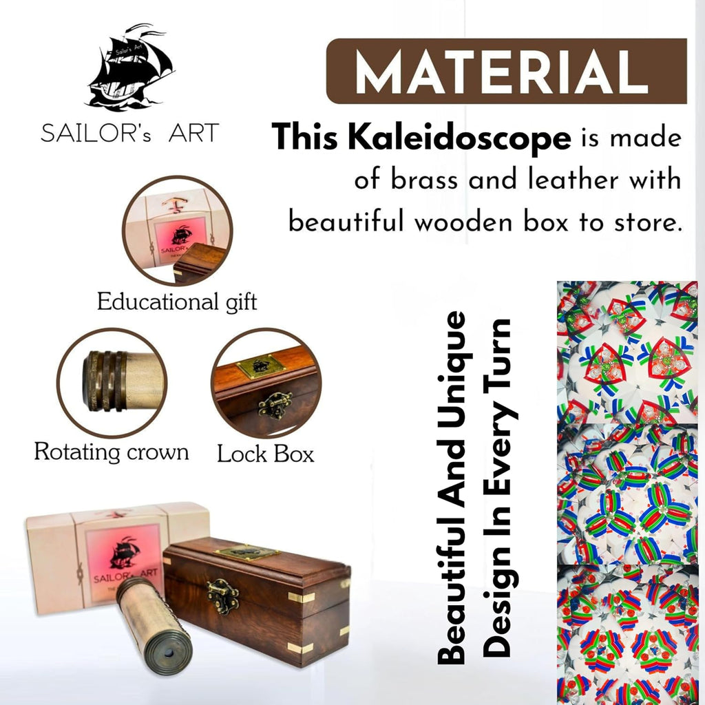 Handmade Kaleidoscope with Wooden Box, Educational Vintage Collection, Antique Birthday Gift Décor Solid Brass 5.5