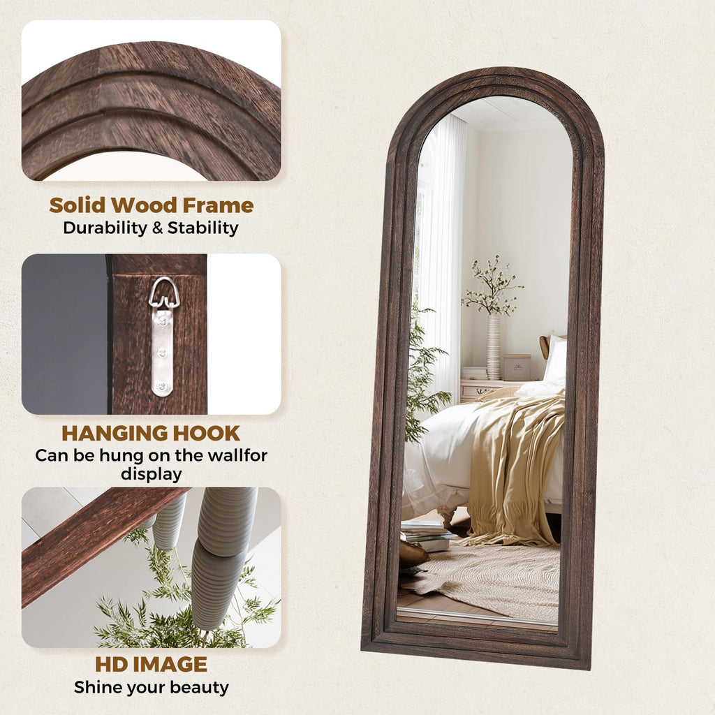 58x22 Arched Full Length Mirror, Solid Wood 3 Layer Frame, Brown