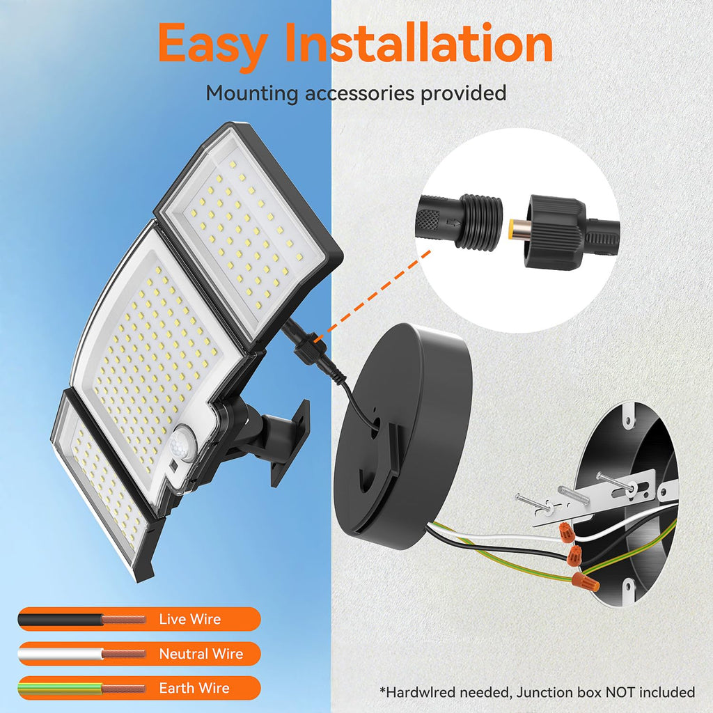 LED Security Lights Motion Sensor Outdoor, 20W Floodlight 6500K 3 Modes, IP65 Waterproof 3 Head Detected Flood