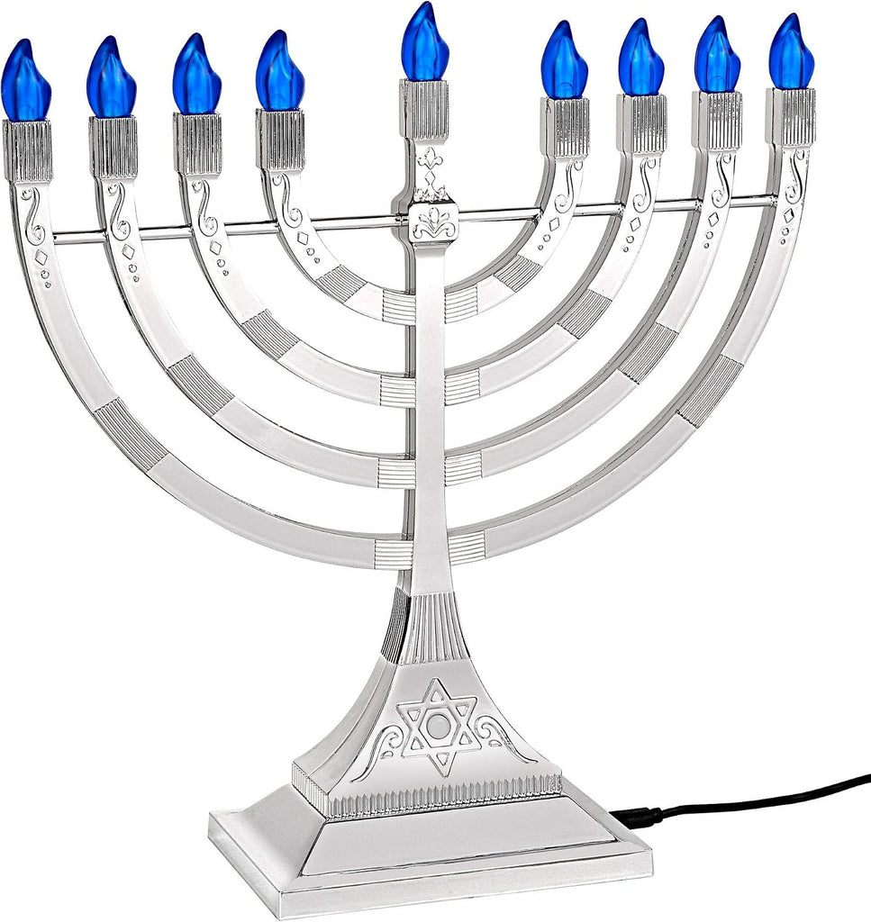 Zion Judaica 12" LED Chanukah with Flame Shaped LED Bulbs Electric USB Powered or Batteries Electronic Minorah - 4'
