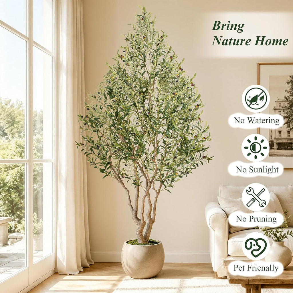 7ft Faux Olive Tree - Large Artificial Olive Tree with Realistic 1513 Leaves and 122 Olives - Lush and Elegant Fake