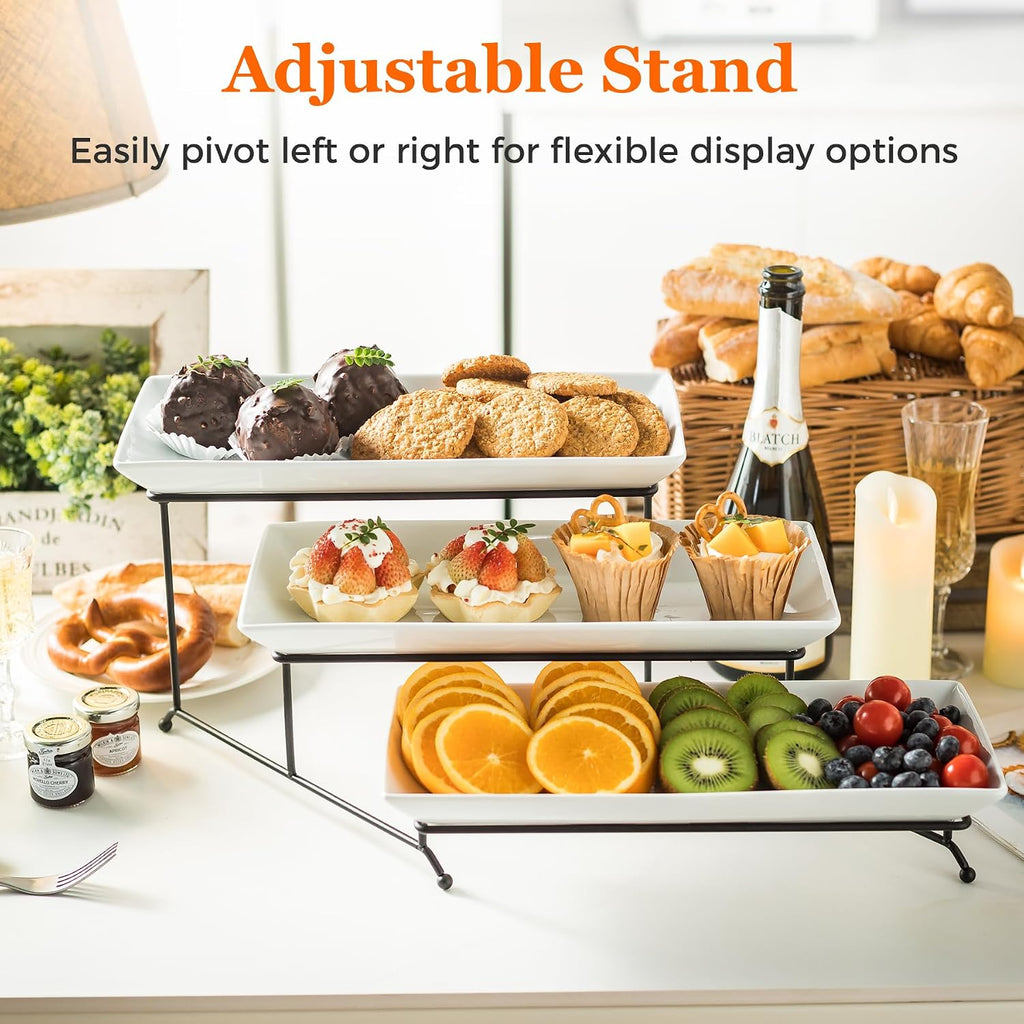 Tier Serving Stand Tiered Tray Stand with 3 Porcelain Serving Platters Trays for Dessert Server Display Collapsible - Set of 4