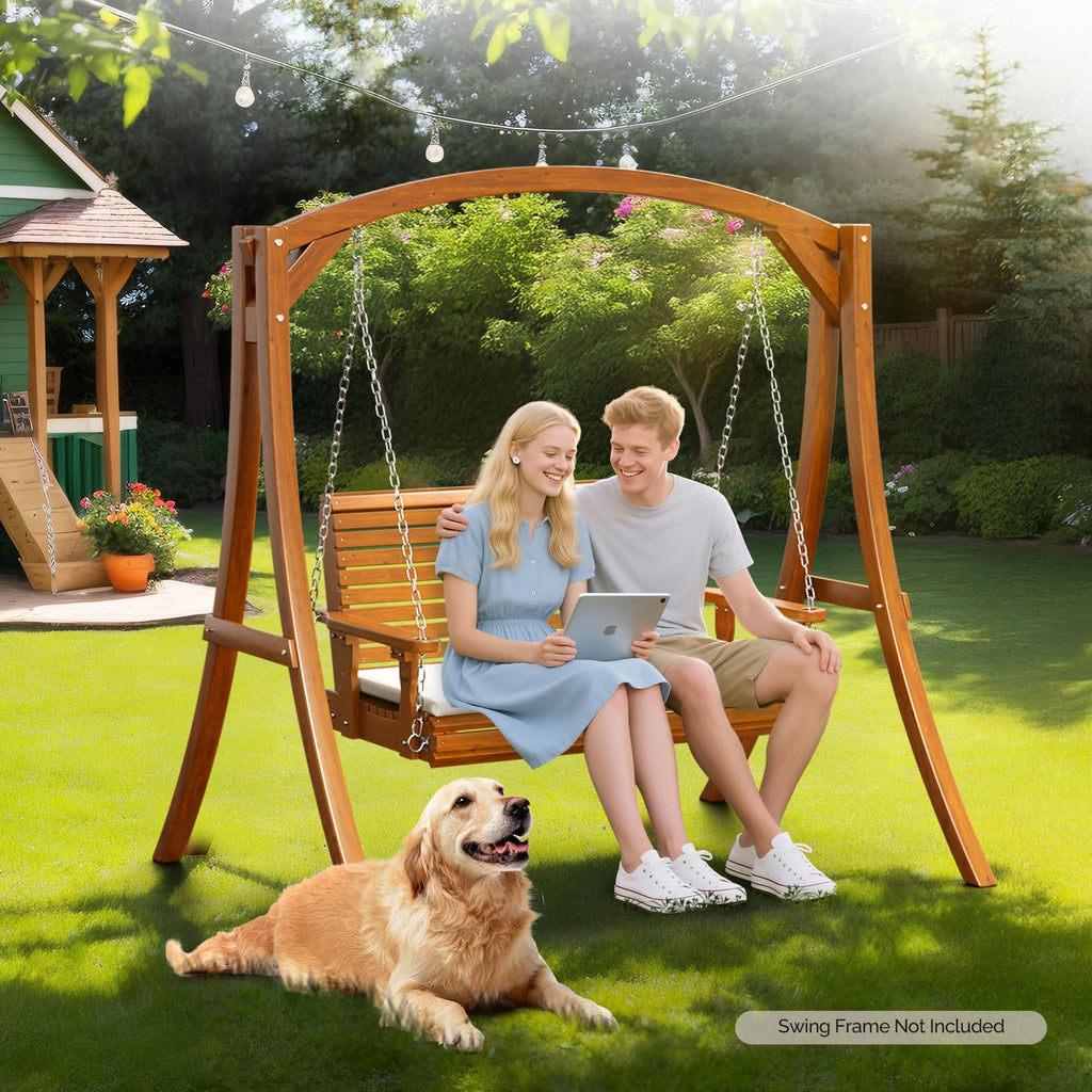 Wooden Porch Swing, Heavy Duty 880 LBS Hanging Patio Bench with Extra Cushion for Lawn| Garden| Courtyard (Brown, 4