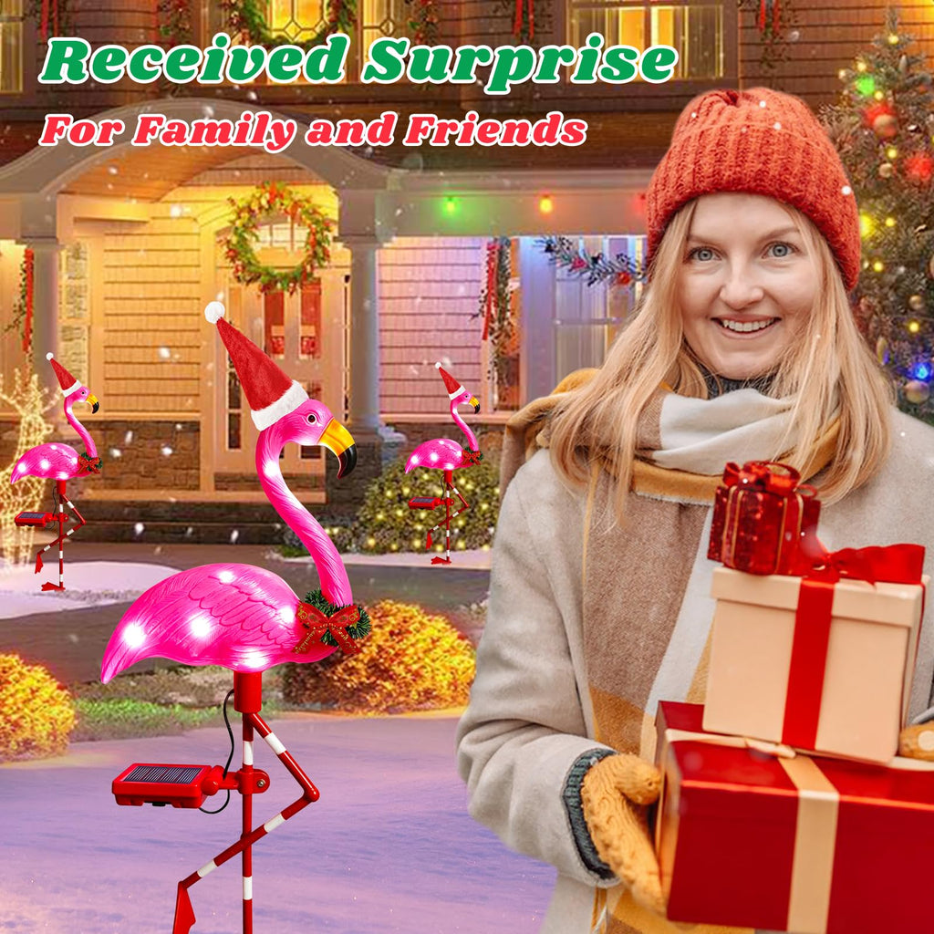 Solar Outdoor Lights Christmas Decor, Solar Xmas Flamingo Lights Waterproof Garden Decor, Flamingo Stake Lights for