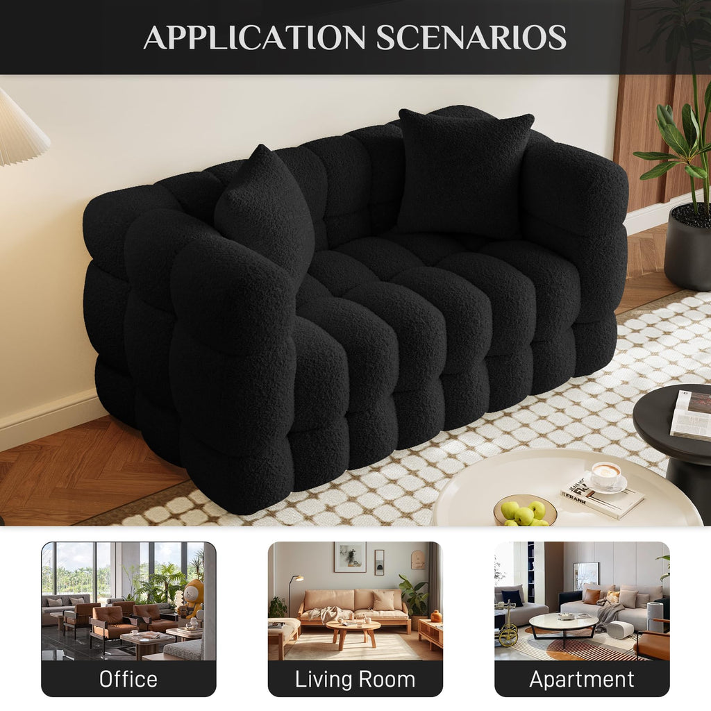 55" Boucle Cloud Loveseat with 2 Pillows, Black