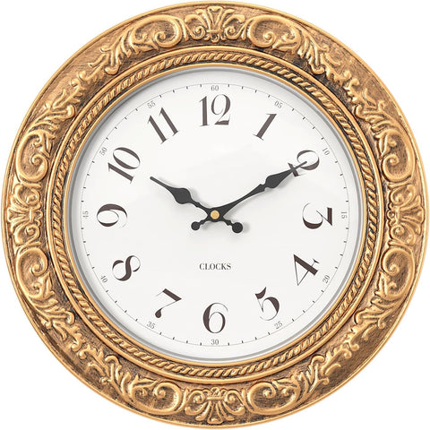 Menterry European Vintage Decorative Wall Clock, 12" Antique Gold Style, Battery Operated Wall Clocks for Kitchen