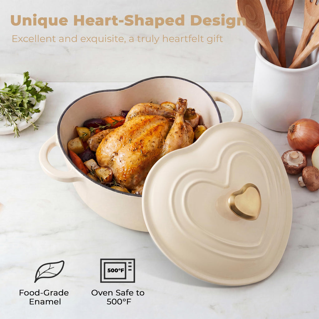Heart Shaped Dutch Oven 2 QT, Enameled Cast Iron Pot (White)