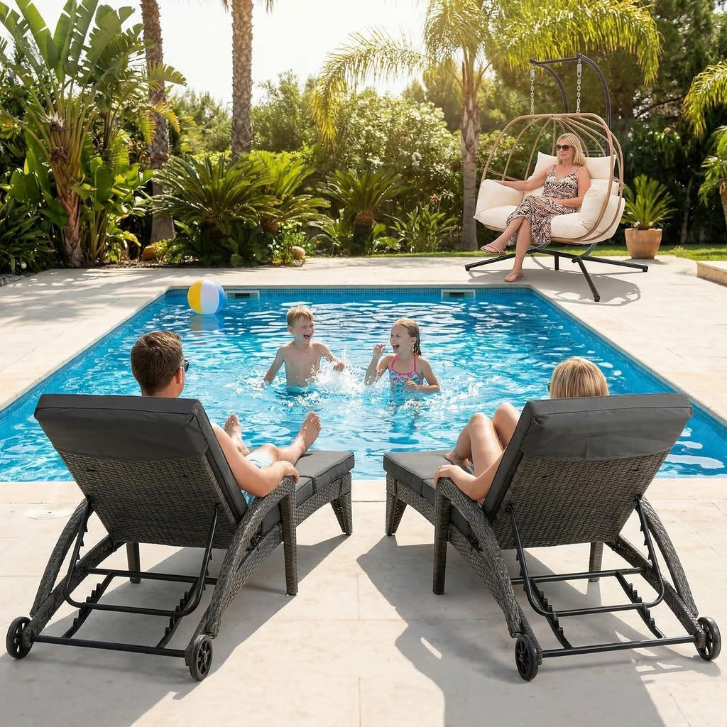 Chaise Lounge Chairs Set of 2, Upholstered 5-Positions Adjustable Lounge Chairs, Wicker Outdoor Long Reclining Chaise