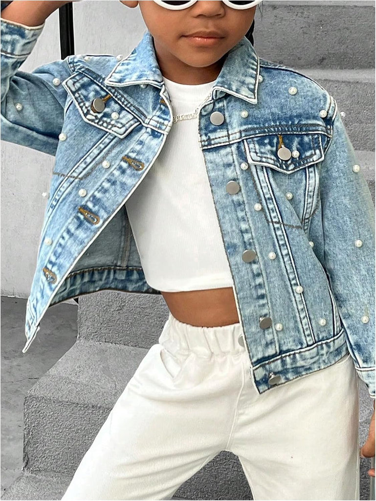 Toddler Girl's Collared Long Sleeve Button Front Ripped Denim Shirt Jacket