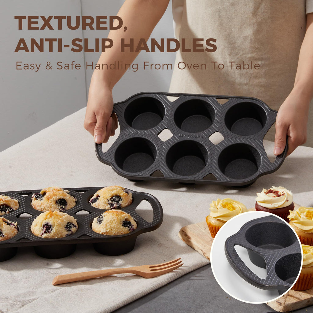 Everline Collection Cast Iron Muffin Pans, Non toxic Uncoated 6-Cup Muffin Tins, Non-Stick Pre-Seasoned Cupcake Tray