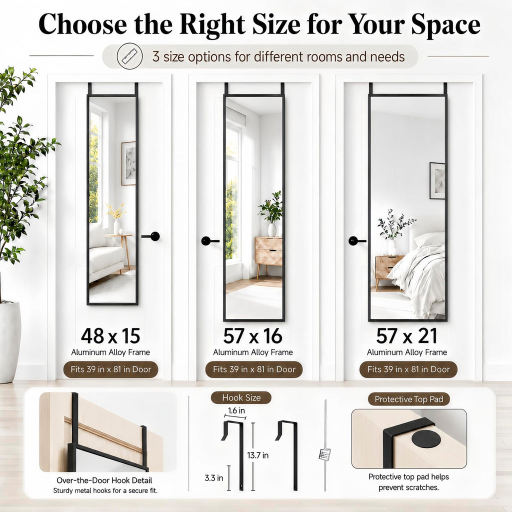 57x21 inch Full Length Mirror Over the Door Hang or Floor Stand Black