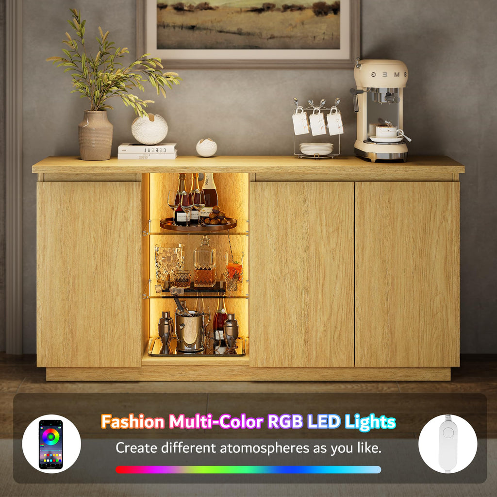 Sideboard Buffet Cabinet with Storage & LED Lights, Credenza Sideboard with Doors and Adjustable Shelves, 60" Coffee