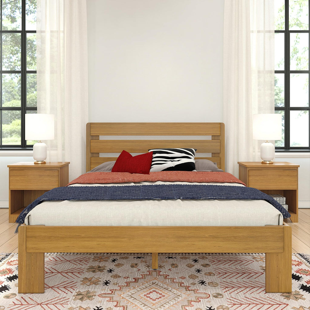 Modern Farmhouse Bed with Plank Headboard, Solid New Zealand Pine Wood Platform Bed, Pecan Finish