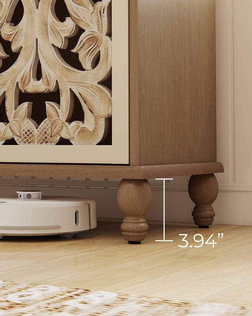47" Tall Accent Cabinet with Carved Doors, White & Natural | Narrow Boho Farmhouse Sideboard with 3 Adjustable