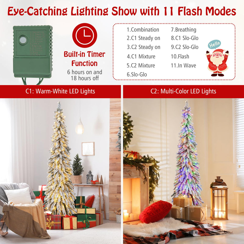 6 FT Pre-Lit Artificial Christmas Tree, Snow Flocked Slim Pencil Christmas Tree with Multi-Color & Warm-White LED
