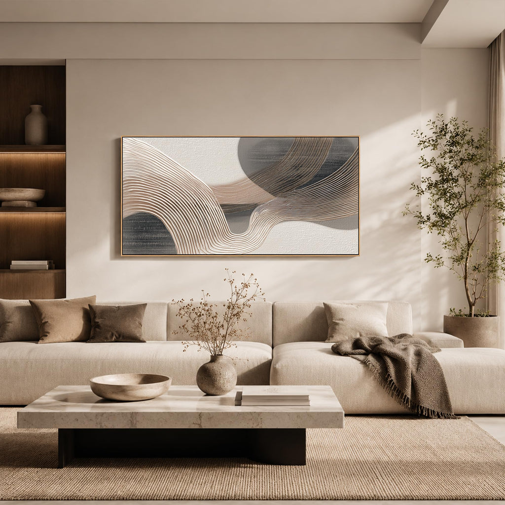 Large Abstract Canvas Wall Art Neutral Beige Brown Textured Wave Artwork, Modern Minimalist Contemporary Wall Decor