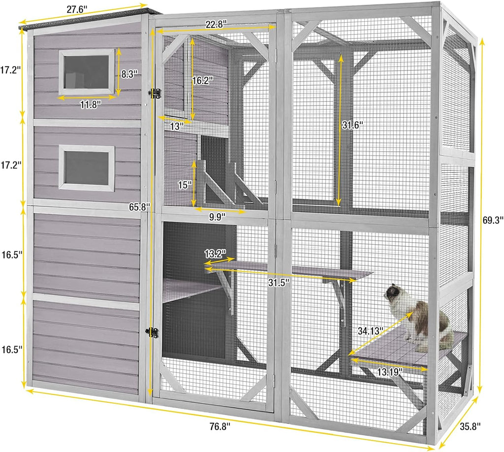 Catio Outdoor Cat Enclosure Feral Cat House Large Kitty Shelter with Run Cat Cage with Platforms 76.8" L x 35.8" W x