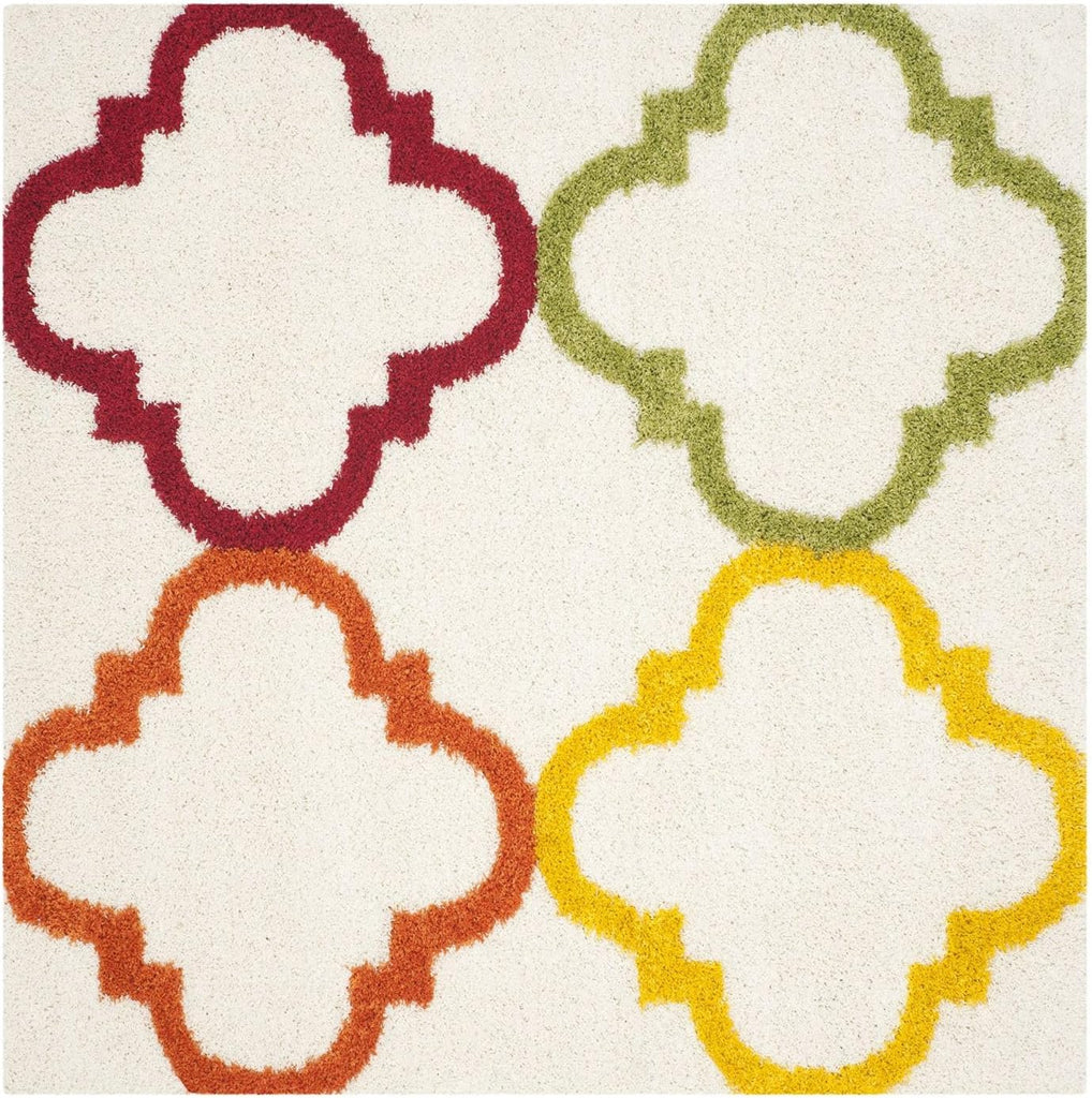 Kids Shag Collection Area Rug - 6'7" Square, Ivory & Multi, Rainbow Moroccan Design, Non-Shedding & Easy Care, 2-inch