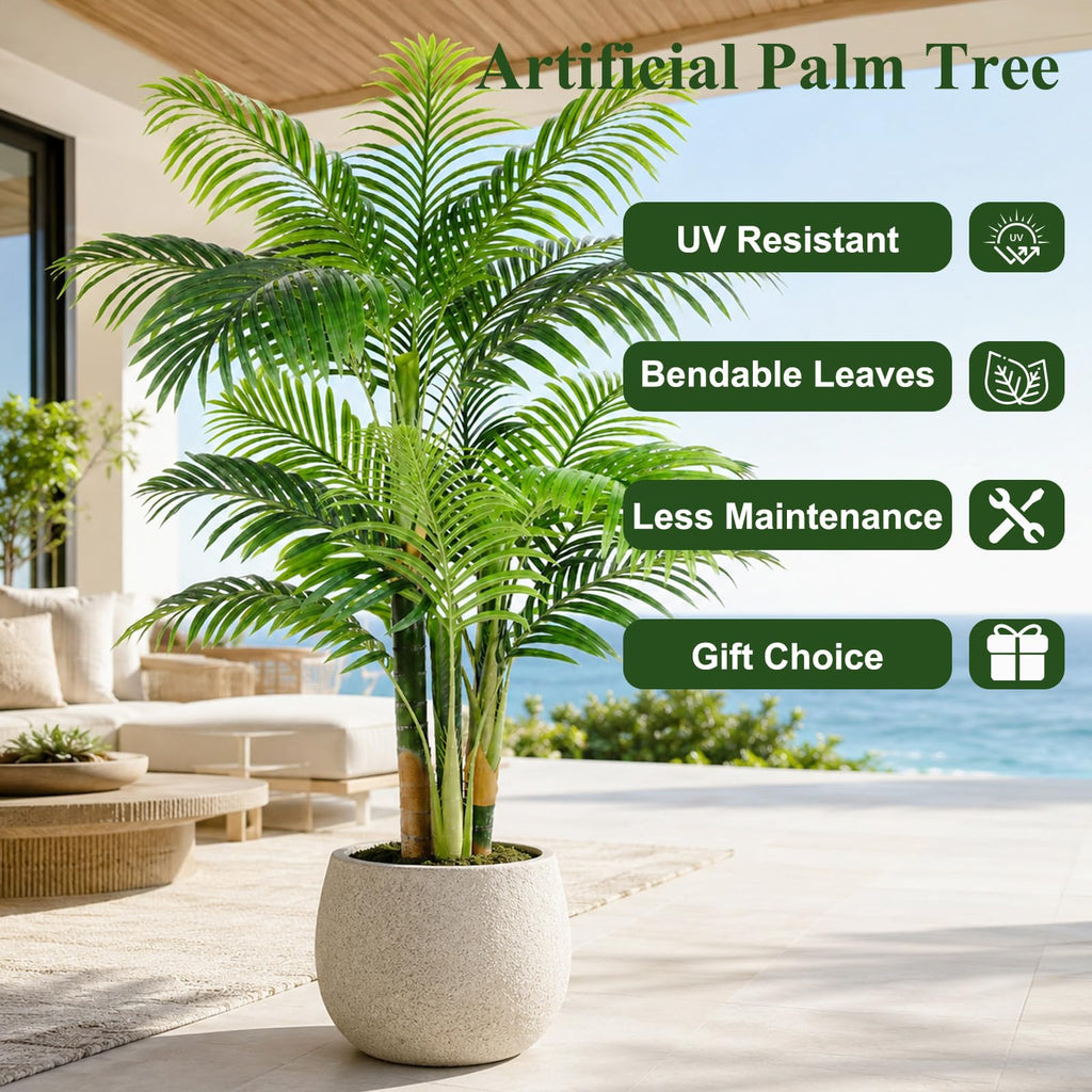 5ft Triple Golden Cane Palm Artificial Tree, Tall Faux Palm Tree with 19 Realistic Leaves, UV Resistant Fake Tropical