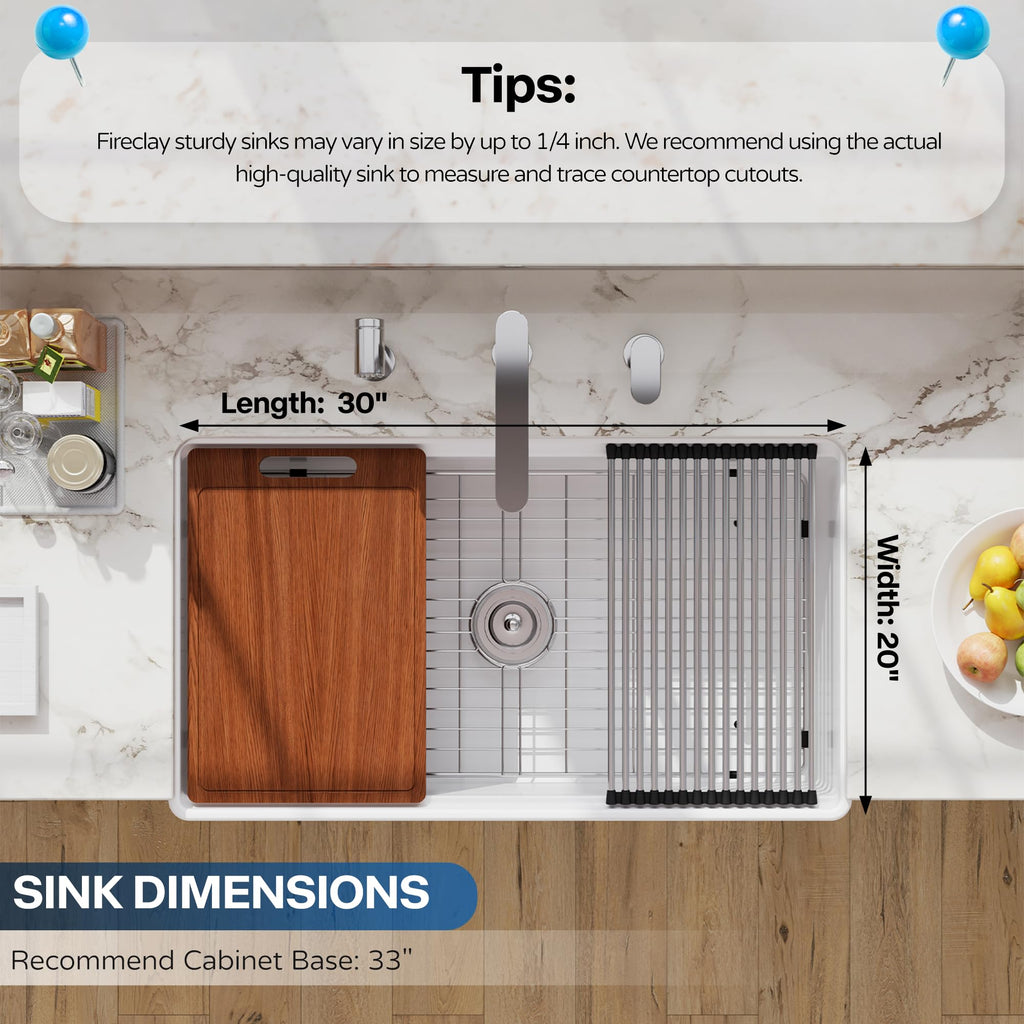 30 White Farmhouse Sink Reversible Workstation, Undermount Farm Kitchen Sink 30x20 inch Apron Front White Porcelain