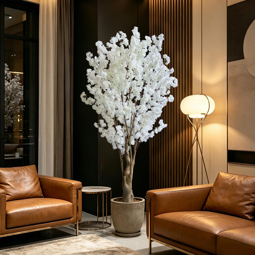 7FT Artificial Cherry Blossom Tree, White Faux Flower Tree, Wedding, Party & Outdoor Decor (2.1M)