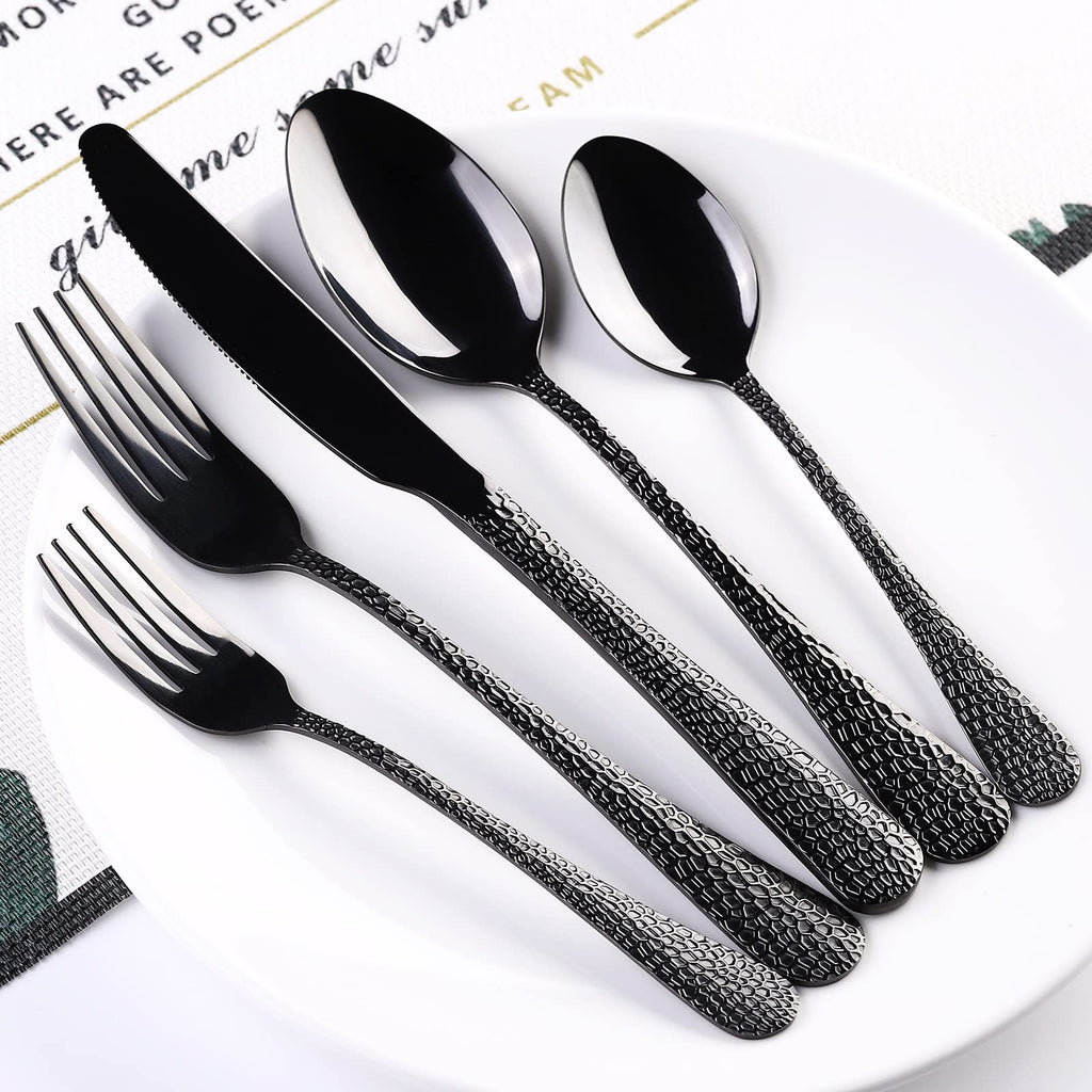 40 Piece Forged Black Flatware Set for 8 Stainless Steel Heavy Hammered Silverware Fine Dining Utensils Tableware