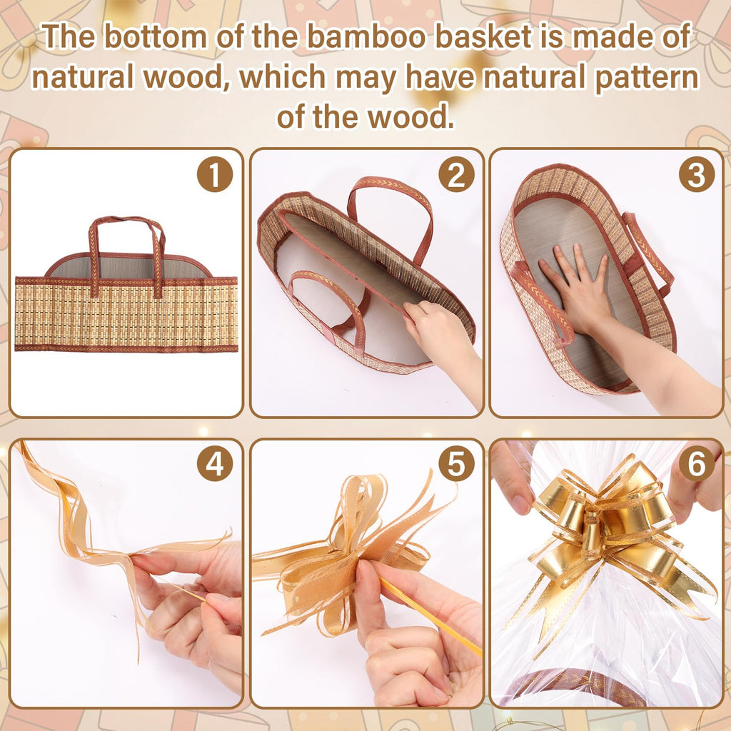 1 Sets Empty Gift Baskets to Fill Large Bamboo Woven Baskets with Handles 15.8 x 7.9 x 6.3 inch Includes Clear Wrap