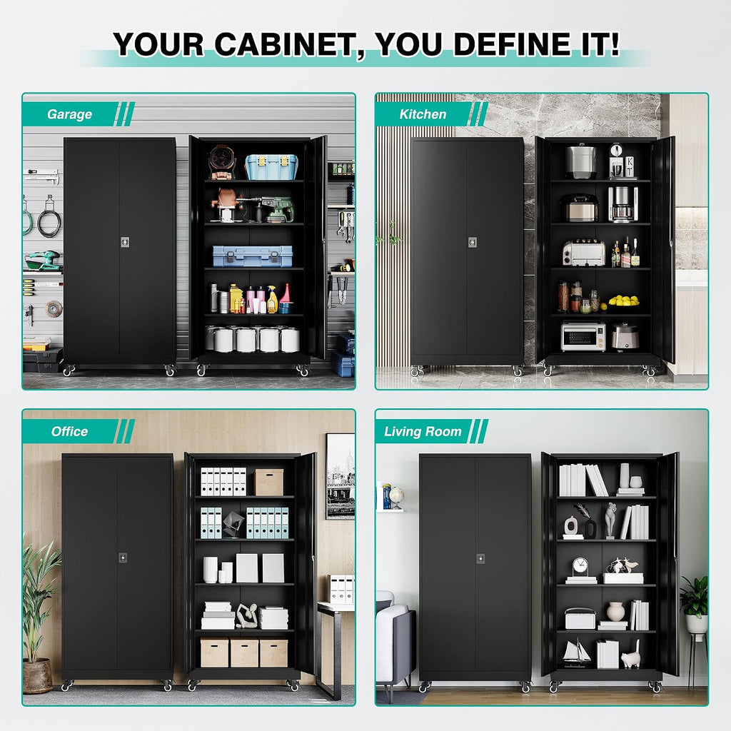 Metal Storage Cabinet with Wheels,75 inch Tall Rolling Garage Storage Cabinet with Lock,Black Metal Cabinets with