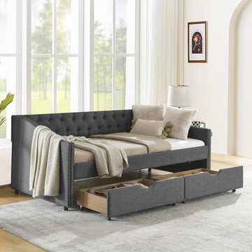 Daybed with Drawers, Modern Linen Upholstered Twin Size Day Bed Button-Tufted Sofa Daybed Frame with Double Drawers